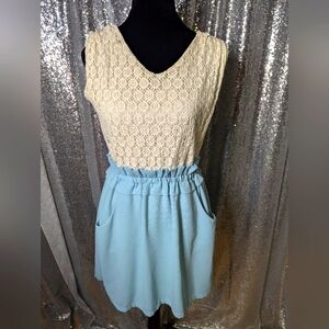 Vintage Retro Style Baby Blue and Cream Lace Sleeveless Dress Women's S-M-